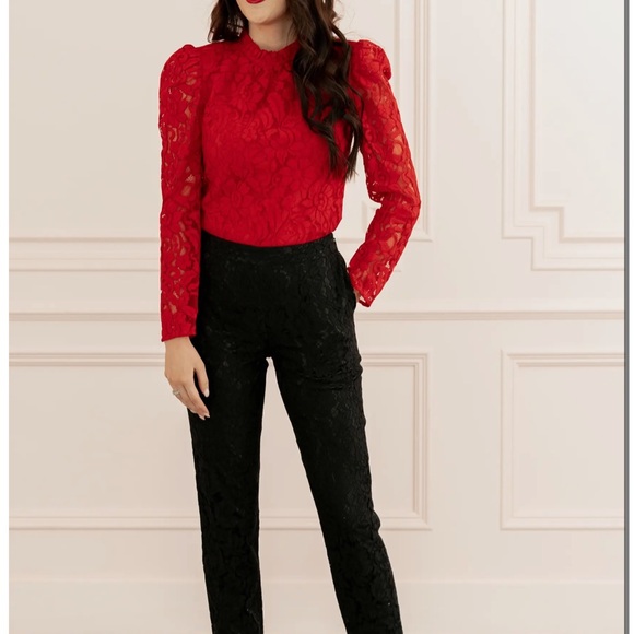 Rachel Parcell Pink Peonies Red Lace Puff Sleeve Holiday Blouse Size Medium - Picture 5 of 10
